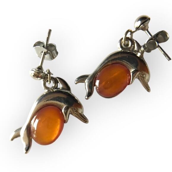 Dainty leaping dolphins post-back earrings, orange accent cabochon - Picture 1 of 8